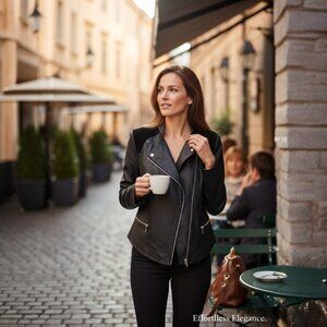 Neiman Marcus Black Leather & Suede Ruffle Detail Designer Jacket Size Large
